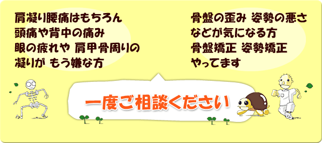 肩凝り、腰痛、頭痛、骨盤矯正、姿勢矯正、一度ご相談ください
